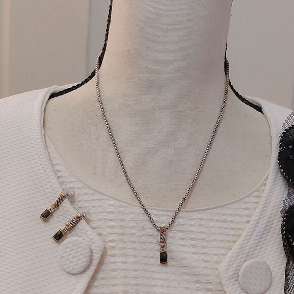 Two Tone Gold Silver Earrings and Necklace Set with Black Faux Tone Accent - Picture 2 of 6